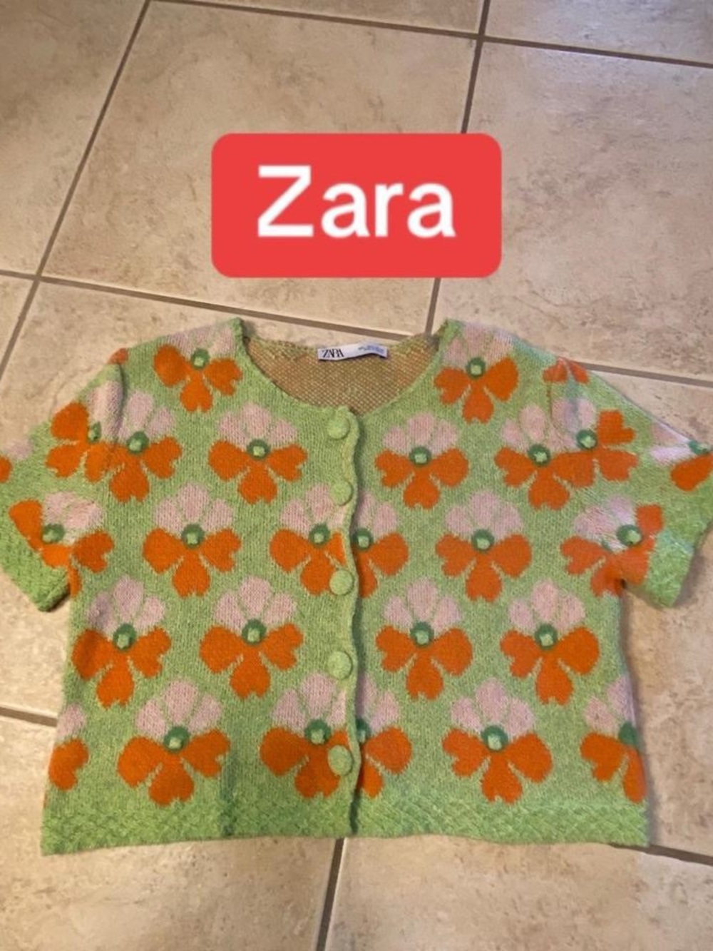 Zara Green Knit Floral Button Cardigan with Orange and Pink Flowers